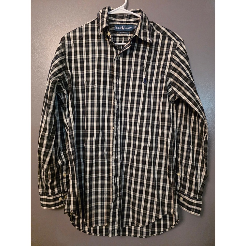 Ralph Lauren Mens Classic Fit Plaid Button Down Shirt Black White Navy 15 32/33